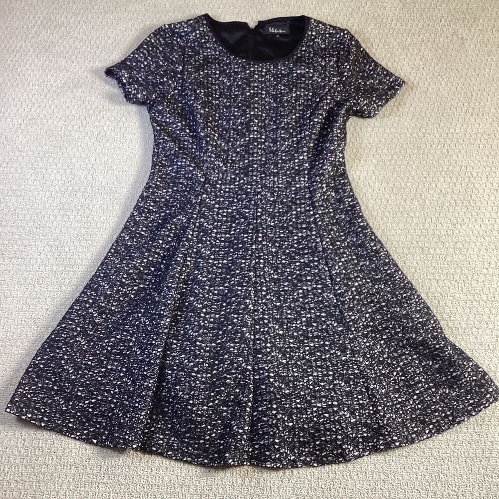 SL Fashions Women's Black White Textured Fit Flare‎ Dress Size 12